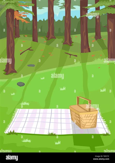 Illustration Of A Picnic Blanket And Basket By The Forest Stock Photo