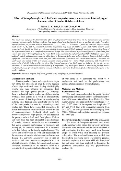 Pdf Effect Of Jatropha Tanjeronsis Leaf Meal On Performance Carcass