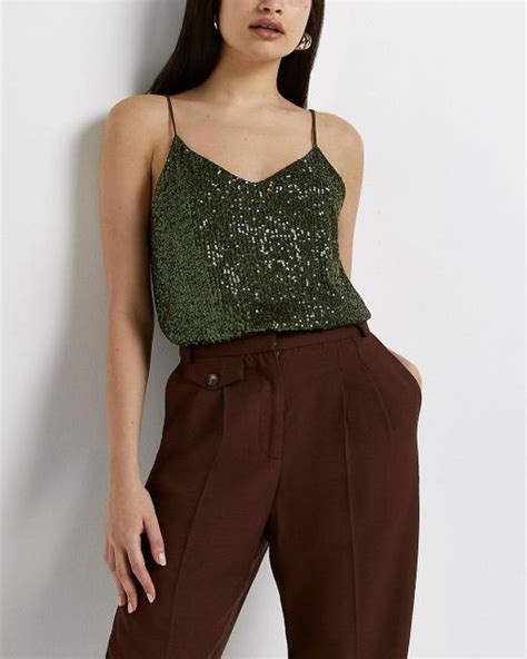 River Island Khaki Sequin Cami Top In Natural Lyst