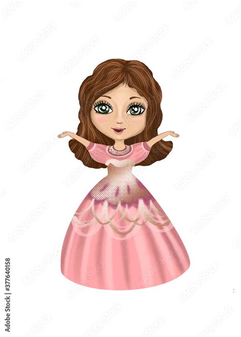 Brown Hair Super Cute Princess In Decorative Pink Dress Hand Drawn