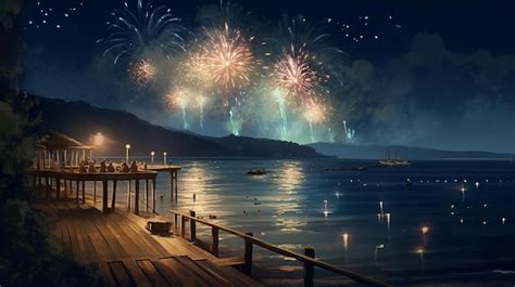 Fireworks over a pier at night with a man watching | Premium AI-generated image