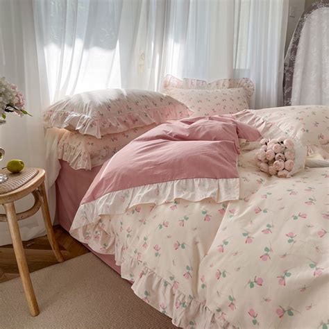 Pink Floral 100 Cotton Duvet Cover Setprincess Ruffle Style Etsy