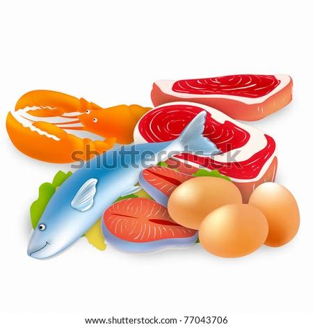 Nutritional Group With Fish, Meat, Beans, Nuts, Eggs Stock Photo ...