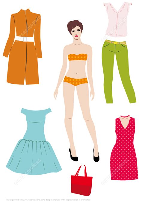 Brunette Woman Paper Doll With Set Of Clothes To Cut Out Free