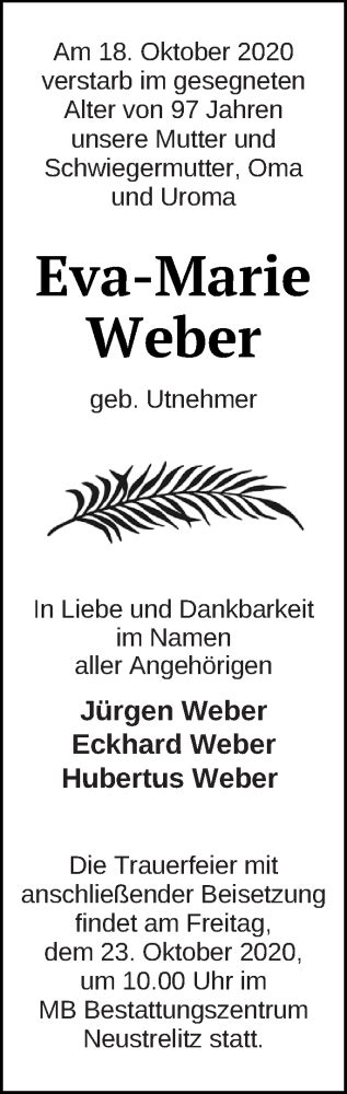 Traueranzeigen Von Eva Marie Weber Trauer Nordkurier