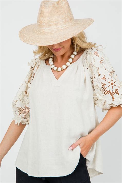 Lace Sleeve Linen Top Oatmeal SALE The Blue Door Boutique