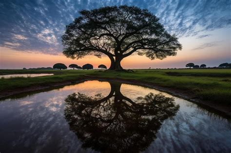 Premium Photo A Tree Is Reflected In A Puddle Of Water With The