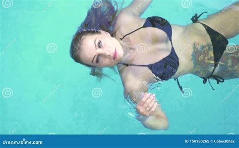 Seductive Woman In Black Bikini In Swimming Pool Top View Beautiful