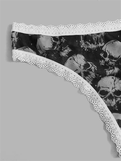 Romwe Goth 3pack Skull Print Contrast Lace Panty Set Shein Uk