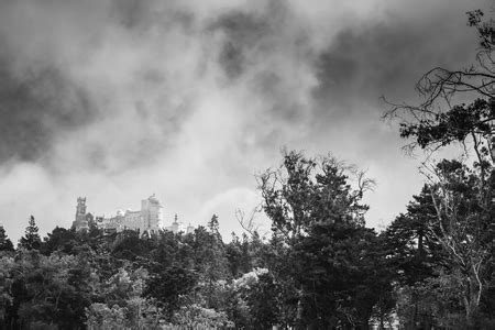 Black And White Landscape With Pena Palace On The Top Of The Sintra