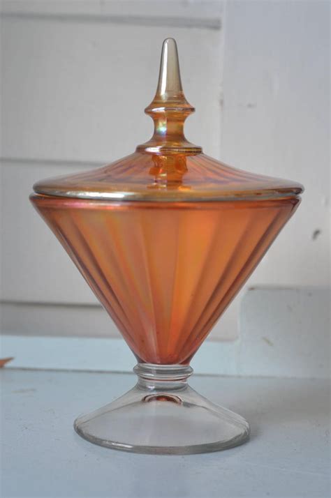 Orange Carnival Glass ~ Cone Shape Pressed Iridescent Lidded Candy Dish By Oldgreenlion On Etsy