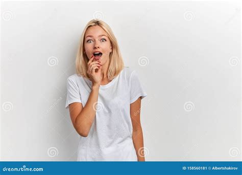 Emotional Excited Beautiful Girl Touching Her Chin With Finger Finger Stock Image Image Of