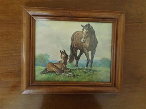 Rare Of 60s Vintage Lithograph 10 X 8 By Elmer Brown Horses Wooden