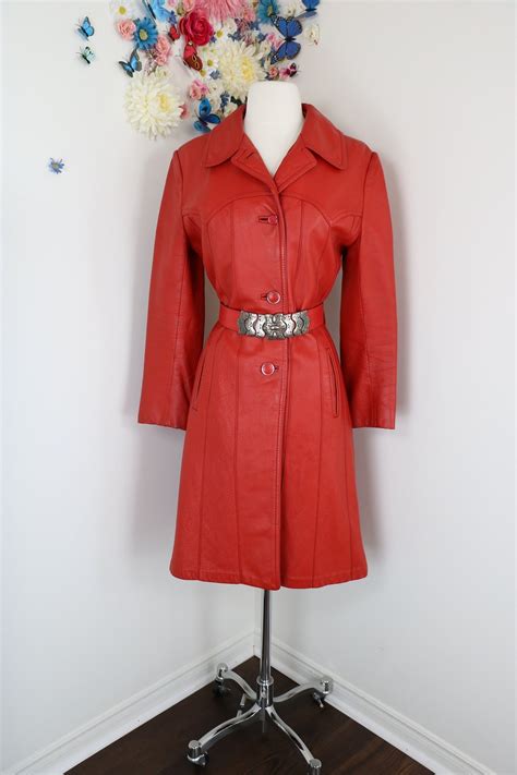 1970s Olympic Rust Leather Trench Coat With Belt Boho 70s Vintage Long Leather Spy Coat Small Etsy