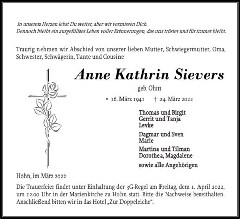 Traueranzeigen Von Anne Kathrin Sievers Sh Z Trauer