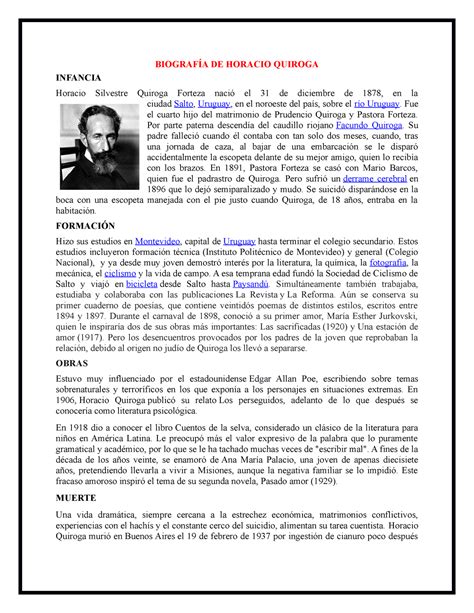 Biografía DE Horacio Quiroga BIOGRAFÍA DE HORACIO QUIROGA INFANCIA