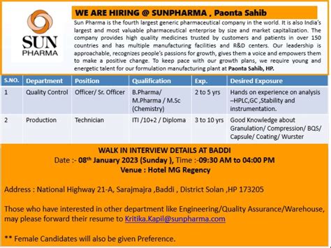 Sun Pharma Walk In Interview Production Quality Control Officer Sr