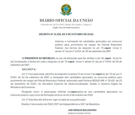 Concurso Prf Decreto Autoriza Nomea O De Aprovados