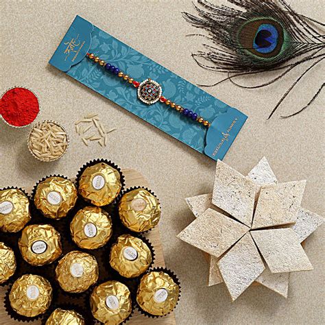 Meenakari Pearl Rakhi With Kaju Katli And Ferrero Rocher Exp Uk Gift