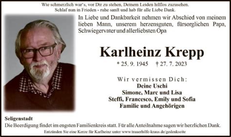 Traueranzeigen Von Karlheinz Krepp Trauerop Onlinede