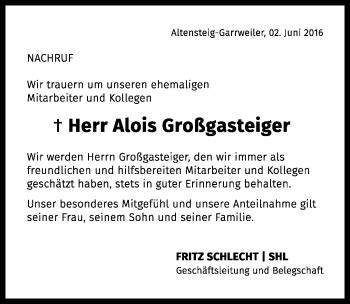 Traueranzeigen von Alois Großgasteiger Schwarzwälder Bote Trauer