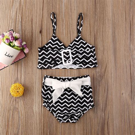 Baby Girl Black And White Wave Buckle Bikini Set W Grandado
