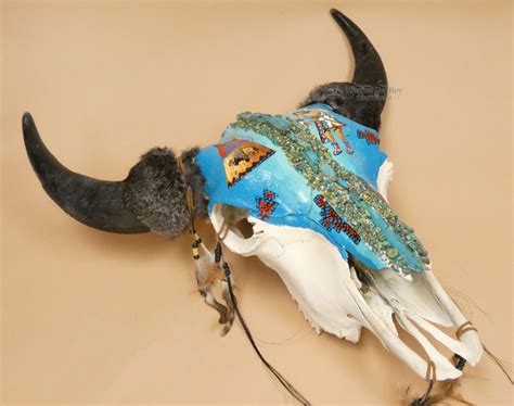 Hand Painted Turquoise Buffalo Skull (ps103) - Mission Del Rey Southwest