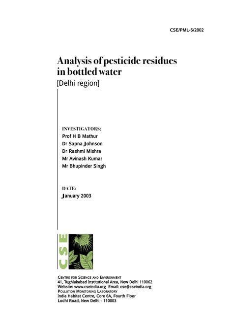 PDF Analysis Of Pesticide Residues In Bottled Water Delhi Region