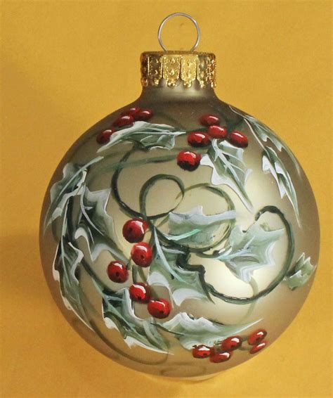 Green Holly Glass Christmas Ornament Hand Painted And Signed By Artist