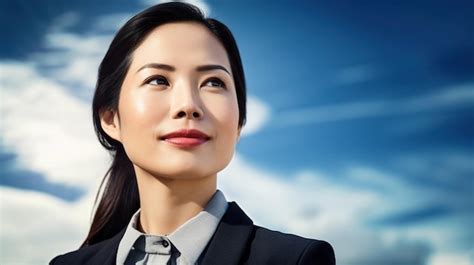 Retrato De Joven Empresaria Asi Tica Sobre Cielo Azul Y Fondo De Nubes