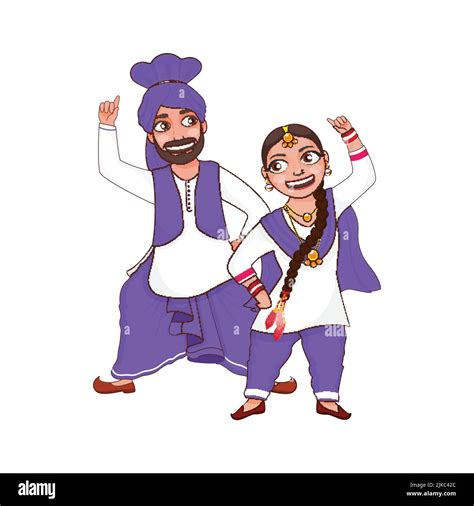 Cheerful Punjabi Couple Performing Bhangra Dance In Traditional Attire