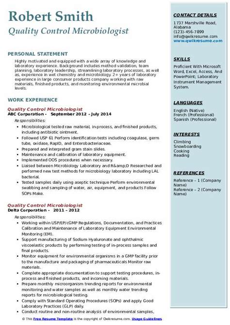 Quality Control Microbiologist Resume Samples Qwikresume