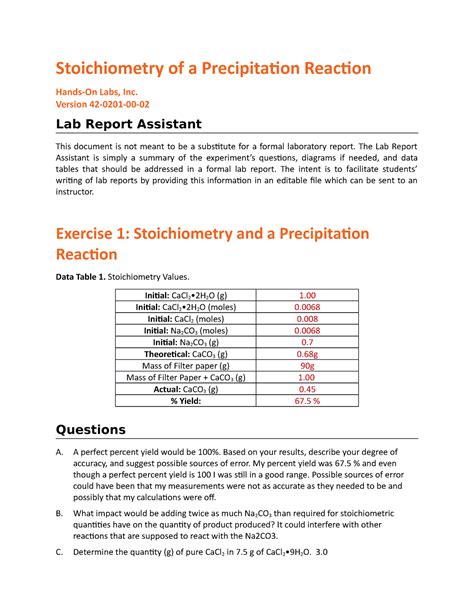 Stoichiometry Of A Precipitation Reaction Version 42 0201 00 Lab Report Assistant This