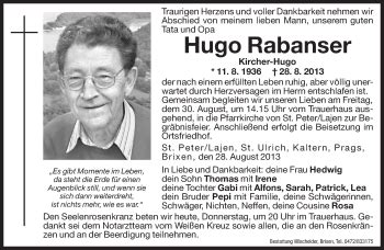 Traueranzeigen Von Hugo Rabanser Trauer Bz