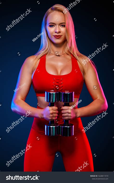 Strong Athletic Blonde Woman Bodybuilder Dumbbells Stock Photo Shutterstock