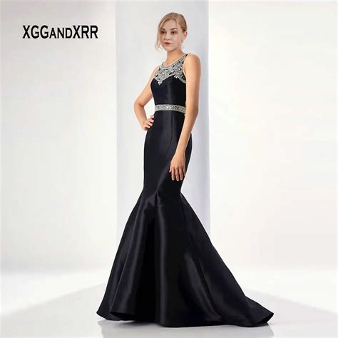 Black Mermaid Prom Dress 2019 Luxury Beading Crystal Sweep Train Long