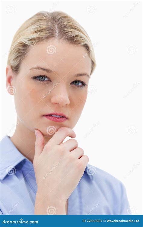 Thoughtful Woman Touching Her Chin Stock Image Image Of Standing Pensive 22663907