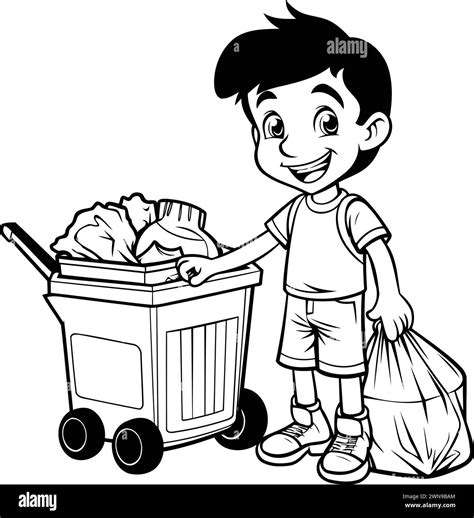 Black And White Cartoon Illustration Of A Boy Carrying A Trash Can