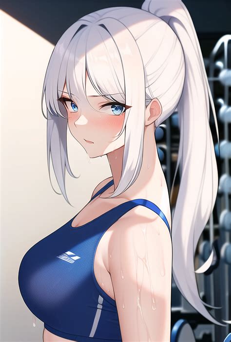 White Hair Ponytail Blue Eyes Looking At Viewer AI Art Anime Girls