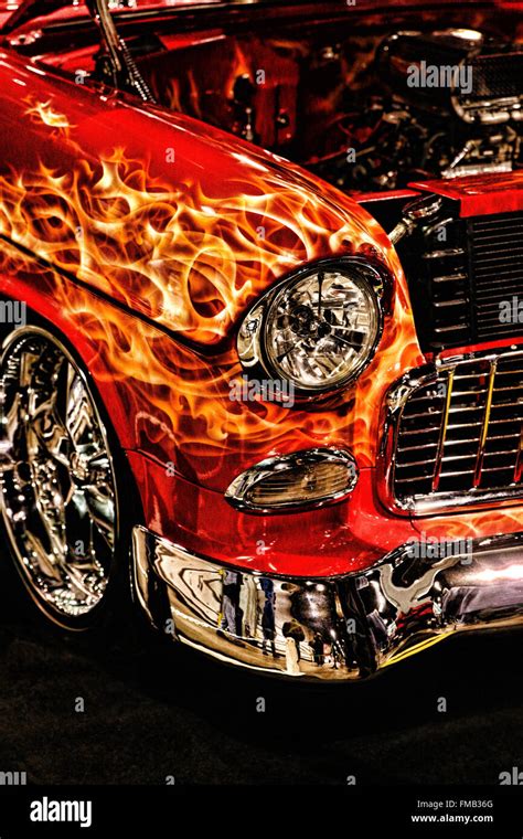 Flames painted on a vintage car at the World of Wheels Auto Show Stock ...