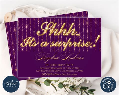 Purple And Gold Birthday Invitation Template Editable Any Age Etsy