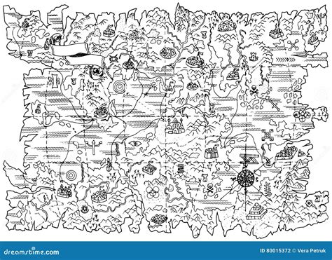 Black and White Illustration of Pirate Map of Fantasy Land Stock Vector - Illustration of ...