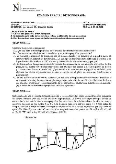 10156 Examen Parcial Topografia 2022 2 EXAMEN PARCIAL DE TOPOGRAFÍA