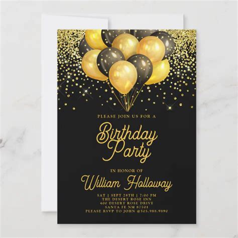 Modern Gold Black Balloons Birthday Party Invitation Zazzle