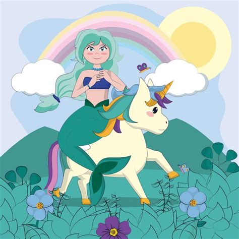 Premium Vector Beautiful Mermaid Riding On Unicorn Cute Cartoons