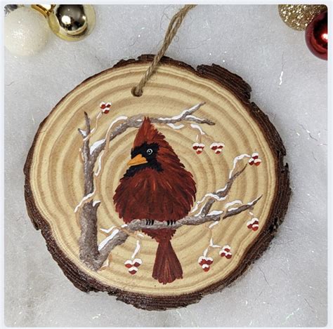 Hand Painted Cardinal Wood Ornament Cardinal Tree Slice Ornament