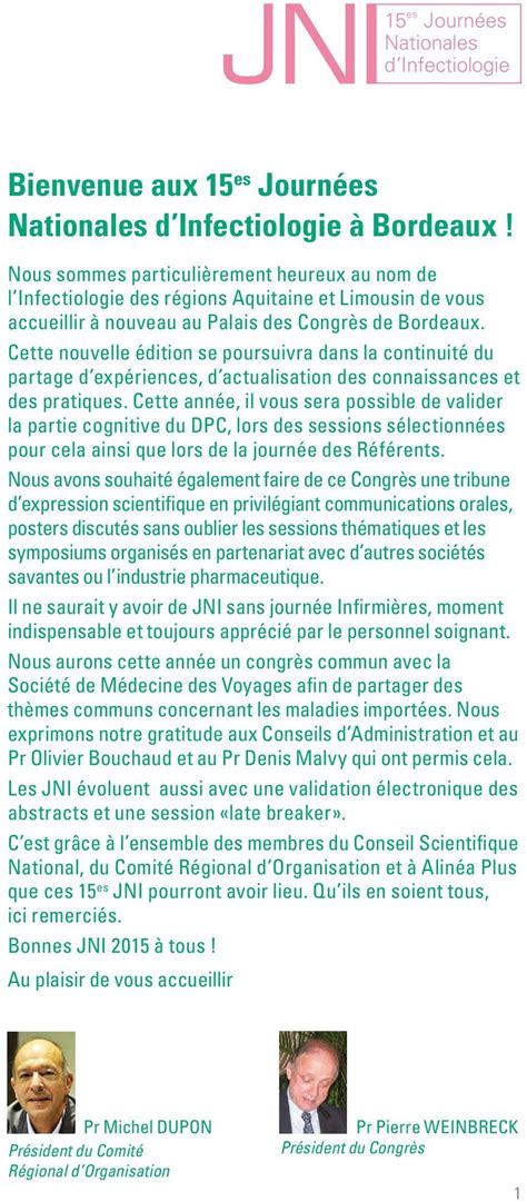 Bienvenue aux 15 es Journées Nationales d Infectiologie à Bordeaux