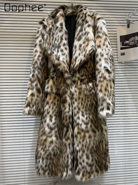 Casaco Longo Peludo Estampado Leopardo Para Mulheres Casaco De Pele