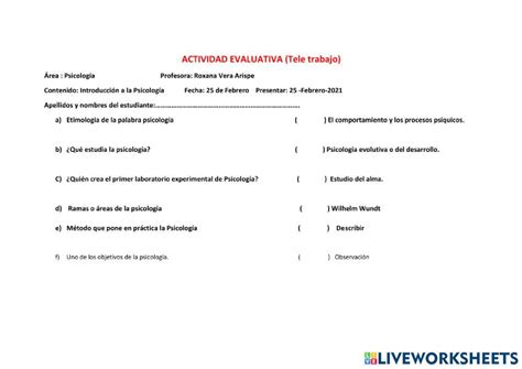 Actividad IntroducciÓn A La PsicologÍa Online Exercise For Live Worksheets