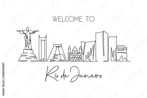 Single Continuous Line Drawing Of Rio De Janeiro City Skyline Brazil